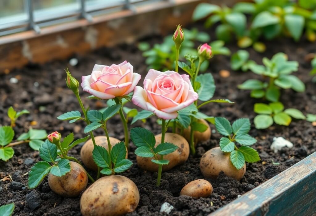 Rose cuttings in potatoes