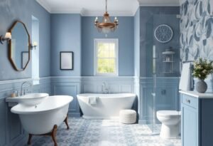 Stylish Blue Grey and White Bathroom